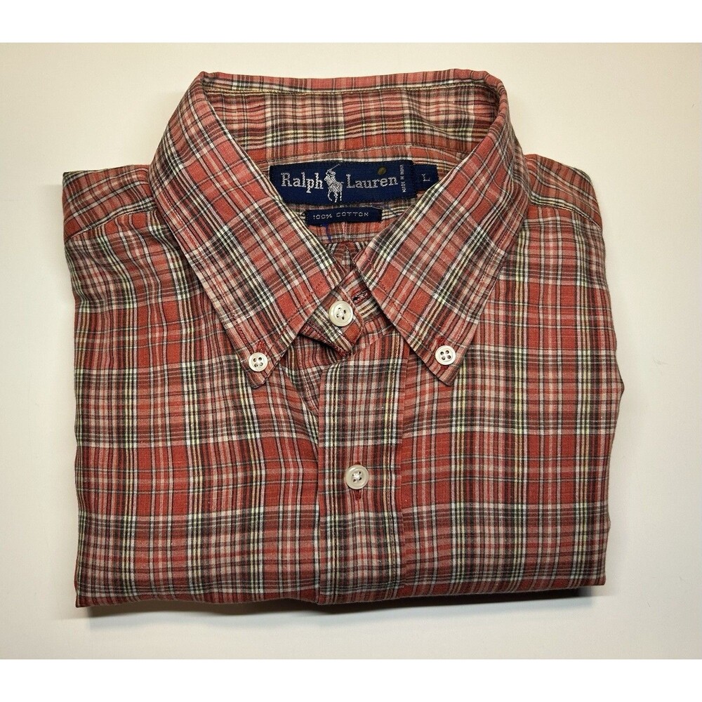 Ralph Lauren Men’s Button Down Dress Shirt Size L Large 16/35 Red Plaid Cotton